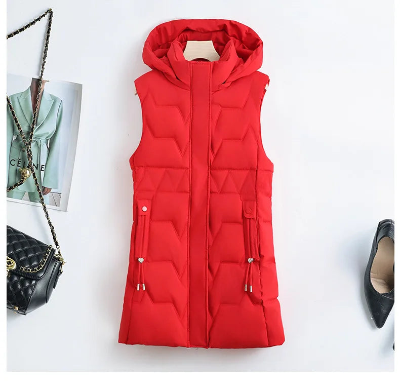 Lightweight Cozy Women Long Puffer Vest - Hooded Down