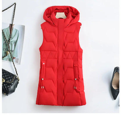 Lightweight Cozy Women Long Puffer Vest - Hooded Down