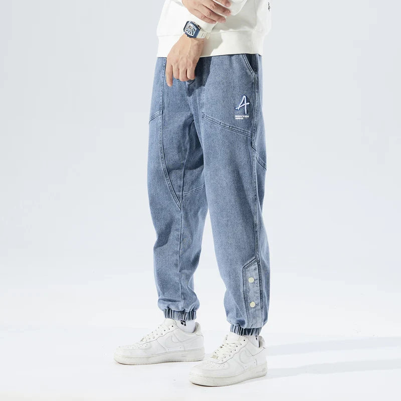 Strækbare afslappede herre denim joggers - løstsiddende tilspidsede, denim