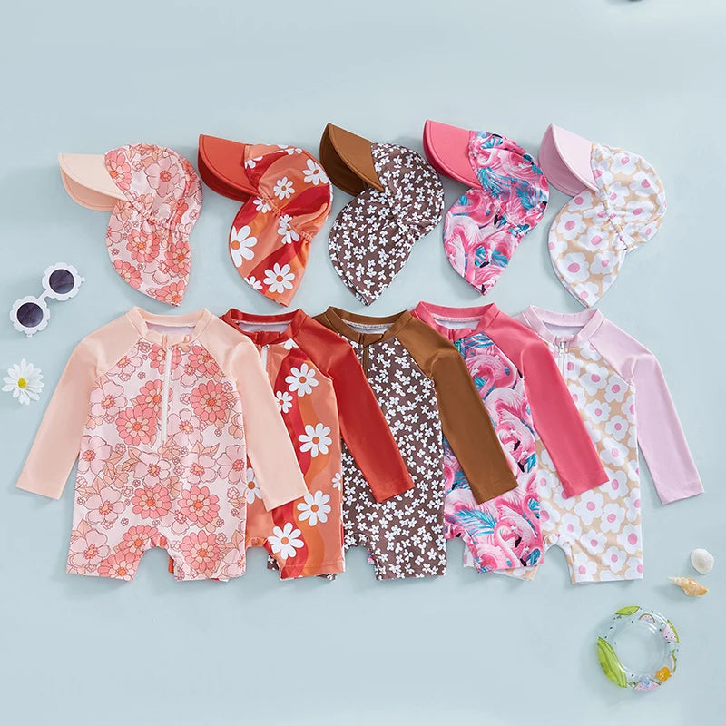 Let holdbar toddler pigebadedragt med rashguard - langærmet blomster flamingo print, polyester elastan, strandtøj