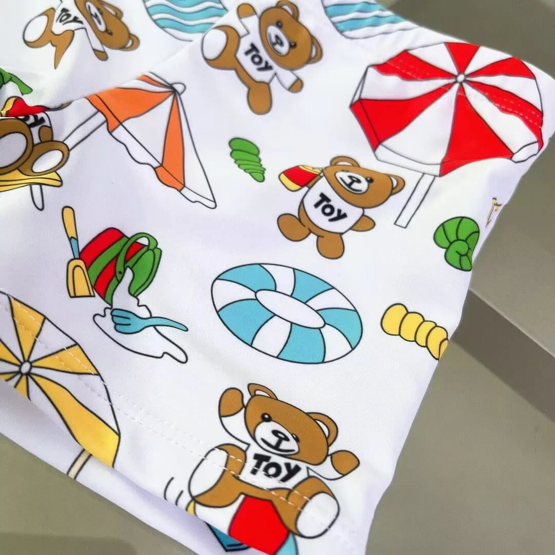Quick-dry boys' swim shorts – bear-printed, polyester, for summer swimming and beach play