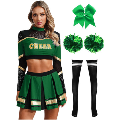 Cosplaykostuum voor cheerleaderoptredens voor vrouwen, crop-top met lange mouwen en geplooide rok met pompons 2026
