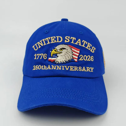 Breathable unisex baseball cap - Eagle-embroidered, flag-patch, six-panel curved-brim, cotton crown, 250th anniversary
