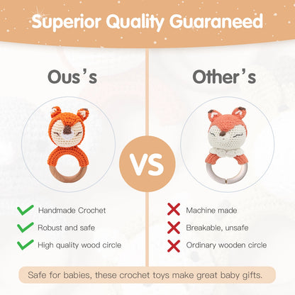 Wooden Crochet Animal Teether Rattle Newborn Sensory Toys