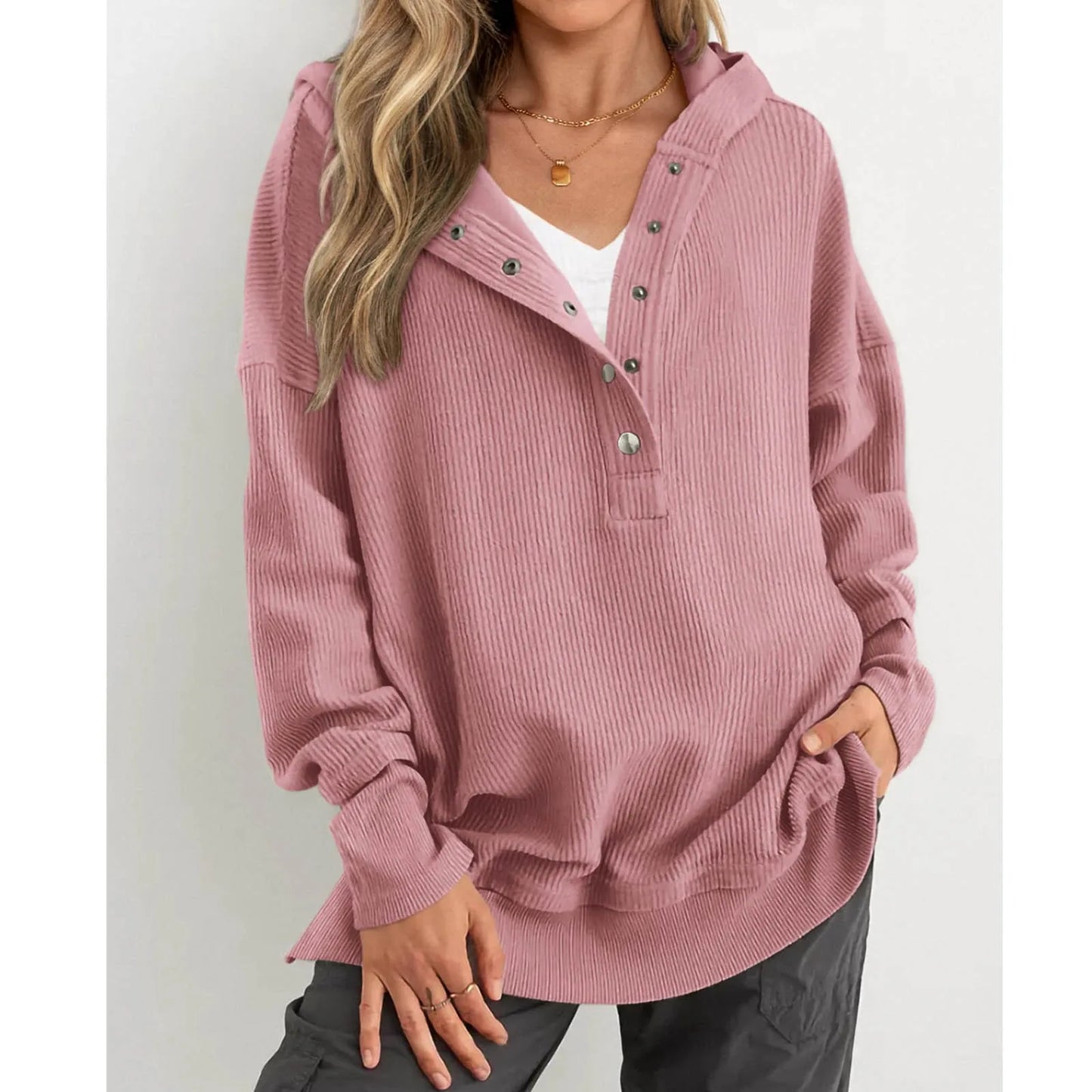 Oversized Women Pullover Hoodie - Snap V-Neck, Ribbed