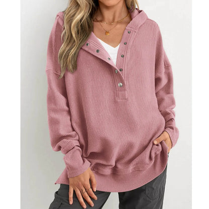 Oversized Women Pullover Hoodie - Snap V-Neck, Ribbed