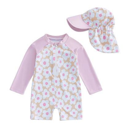 Let holdbar toddler pigebadedragt med rashguard - langærmet blomster flamingo print, polyester elastan, strandtøj