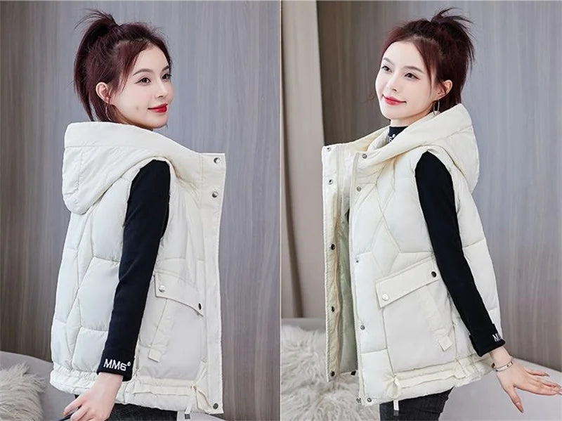 Warm Cozy Women Puffer Vest - Hooded Midlength, Winter