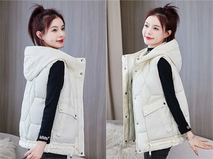 Warm Cozy Women Puffer Vest - Hooded Midlength, Winter