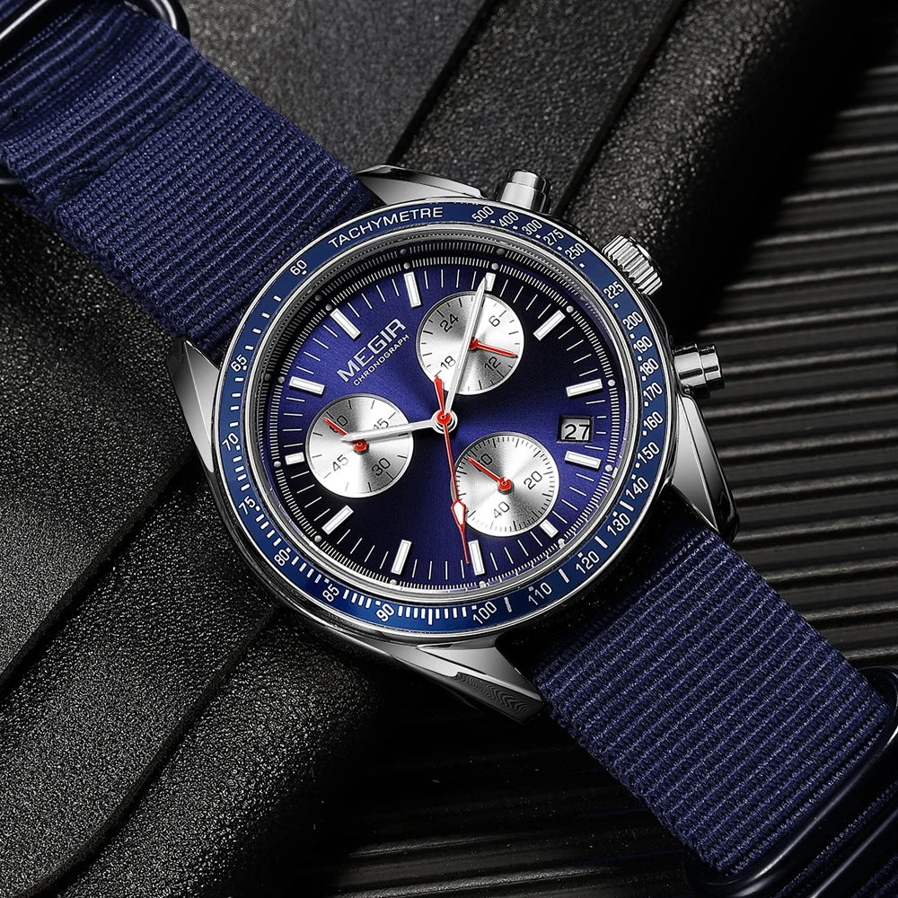 Reloj cronógrafo de cuarzo con correa de nylon azul resistente al agua