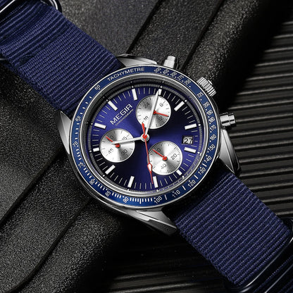 Reloj cronógrafo de cuarzo con correa de nylon azul resistente al agua