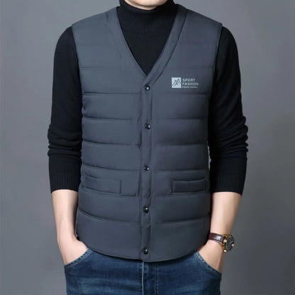Warm Men's Down Vest - V Neck Quilted Cotton, Winter