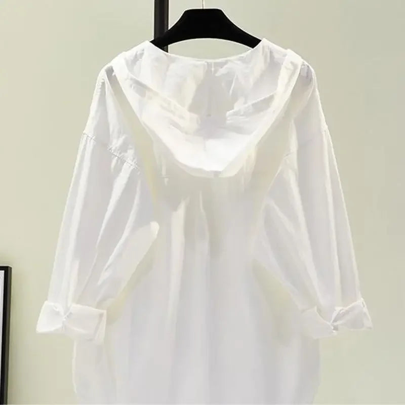 White Women's Blouse in Soft Cotton with Hood, Casual Relaxed Fit for Everyday Comfort and Style-5
