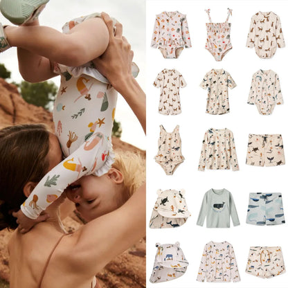 Quick-dry Kids’ Swimwear Set – Rash Guard & Hat, Nylon, Cartoon Seagull Star Print, Beach Holidays