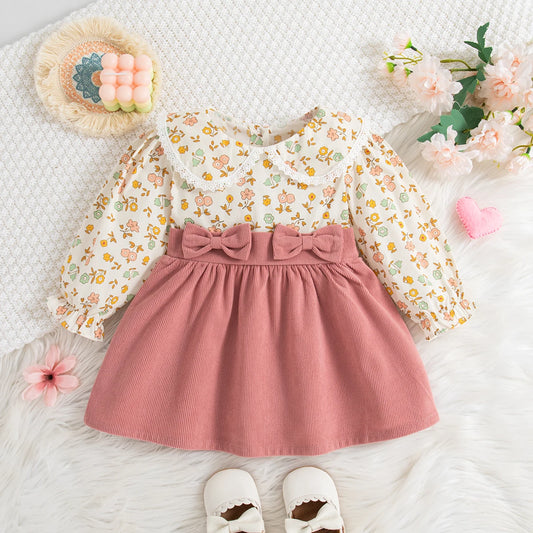 Soft Flowy Girls' Floral Long-Sleeve Dress - Bow-Detailed Waist, Polyester, For Spring And Autumn