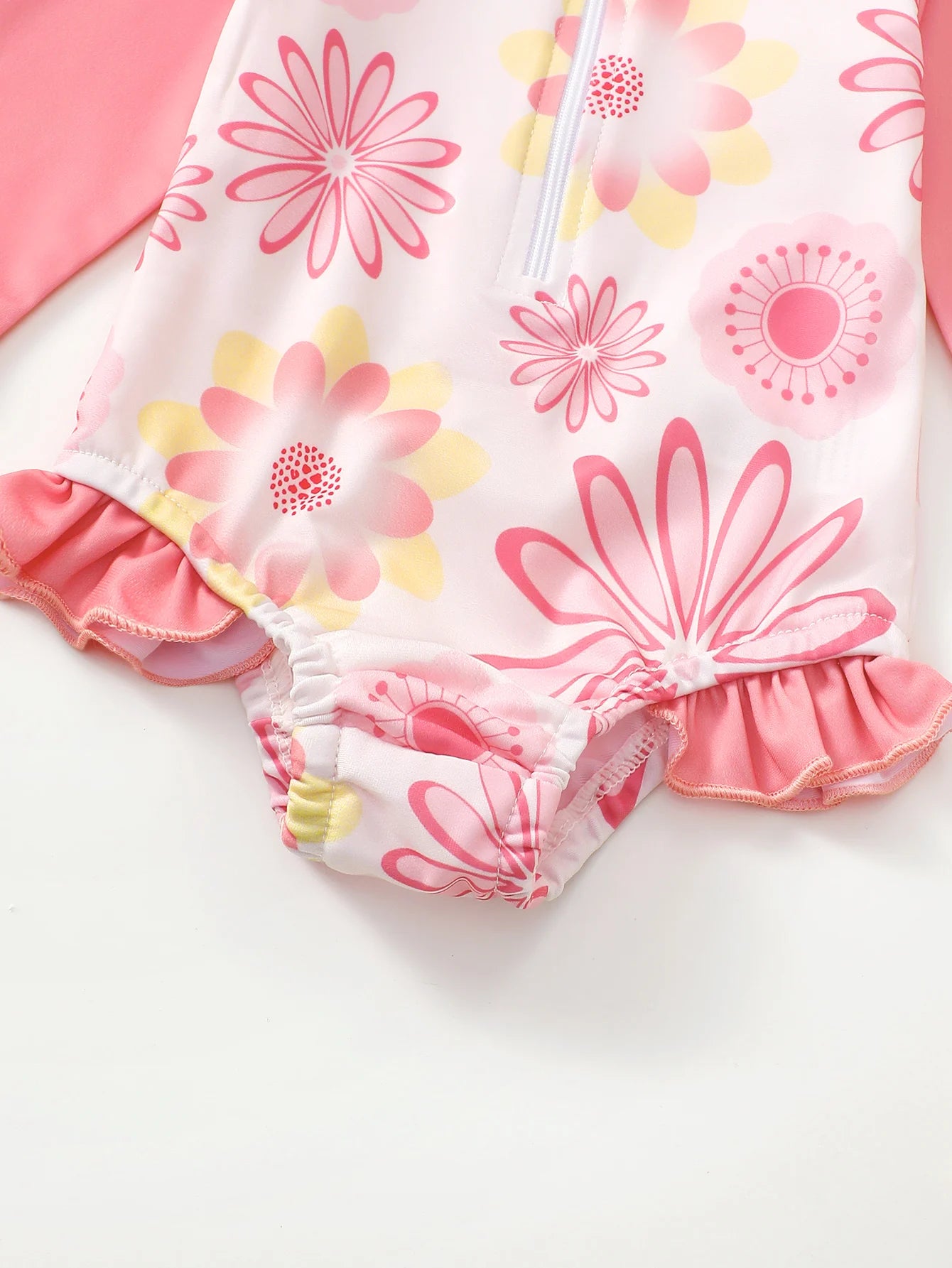 Breathable Baby Girl Onesie Swimsuit With Sun Hat – Long-Sleeve Floral Print, Polyester, For Sun Protection