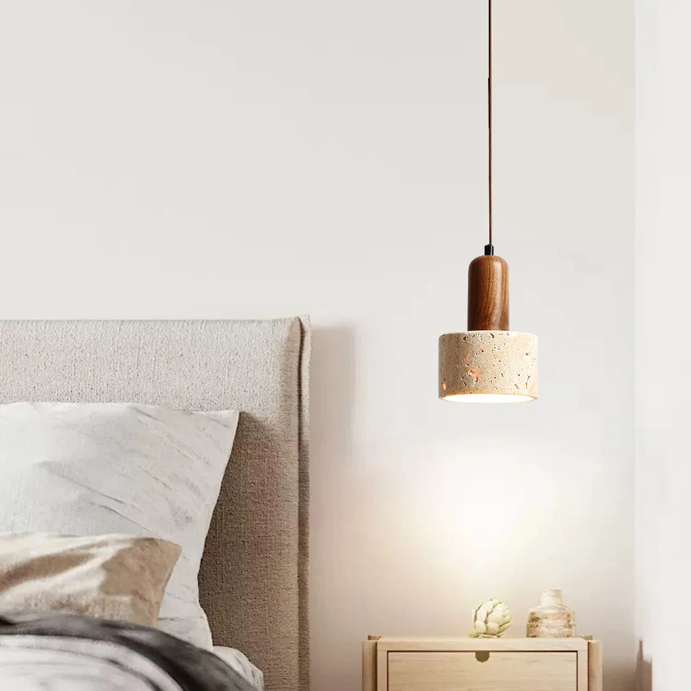 Lámpara colgante japonesa Japandi de madera y lámpara de noche de travertino