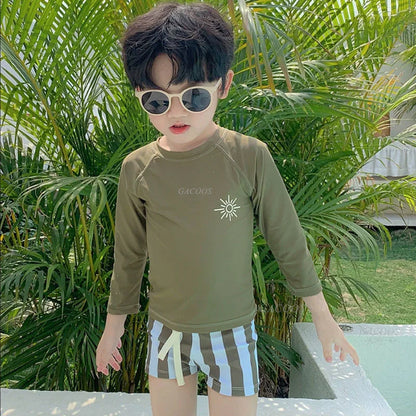 Hurtigtørrende unisex baby badetøj 2-delt sæt – langærmet rashguard top, shorts, polyester, sommerstrandtøj