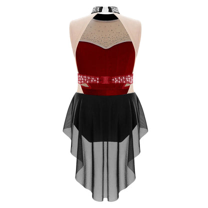 Stretchy girls' leotard - rhinestone mesh yoke, sleeveless, polyester, nylon, elastane, for lyrical dance performance
