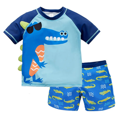 Quick-Dry Boys Swimwear - Two-Piece Cartoon Print Set, Polyester/Nylon/Spandex, Summer Beachwear