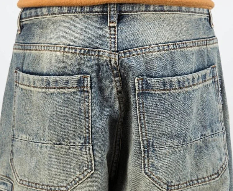 Oversized Men's Denim Jeans - Loose Straight Cut, Washed