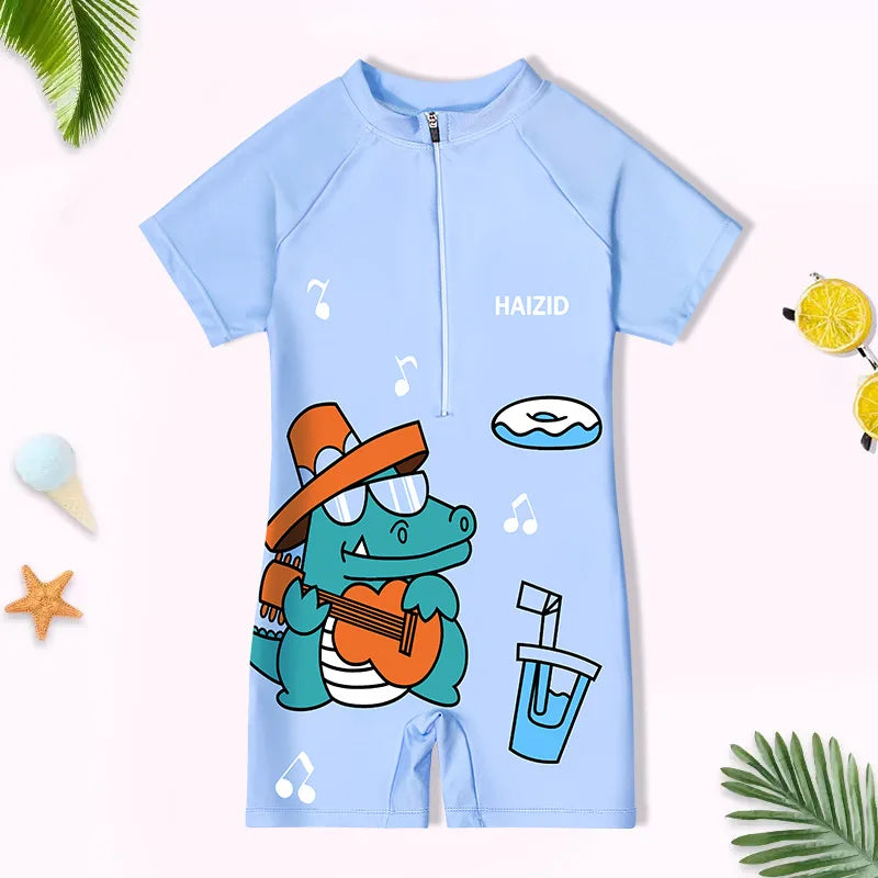 Quick-dry durable kids' one-piece swimsuit - cartoon print, polyester, for swimming