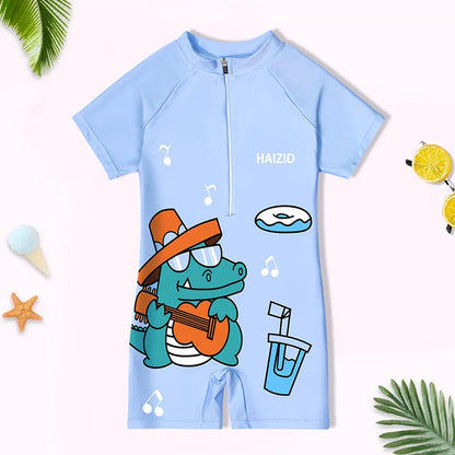 Quick-dry durable kids' one-piece swimsuit - cartoon print, polyester, for swimming