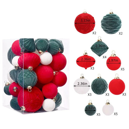 Ornements d'arbre de noël en velours floqué, boules suspendues en peluche pour décoration de maison Festive, décoration de fête de vacances 35 pièces