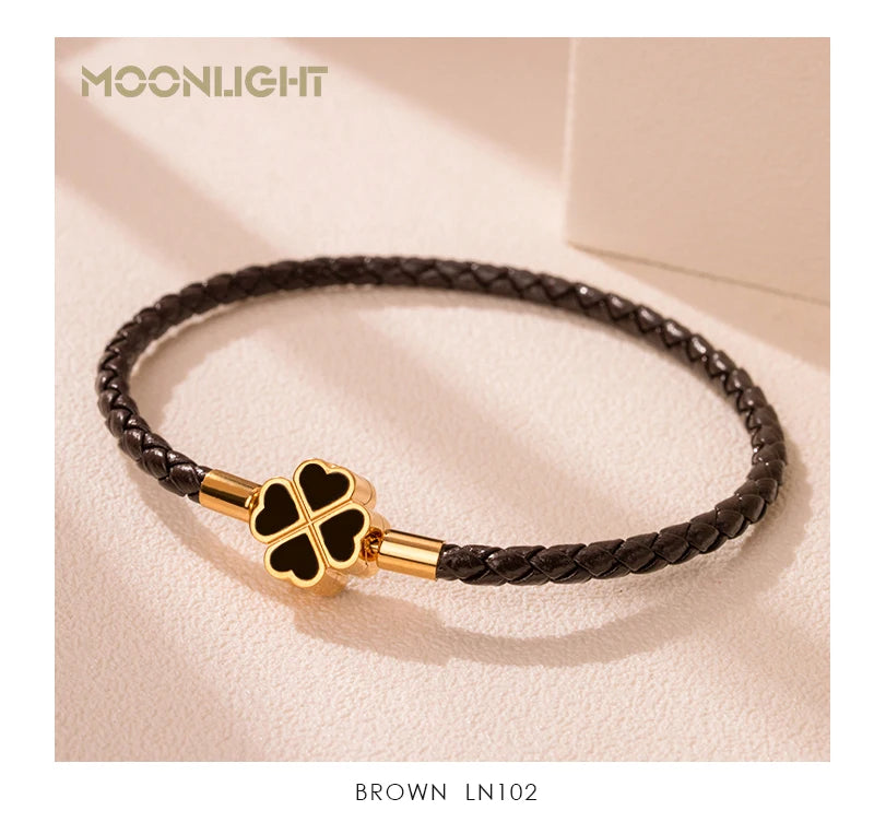 Firekløver flettet lær lykke armbånd gave