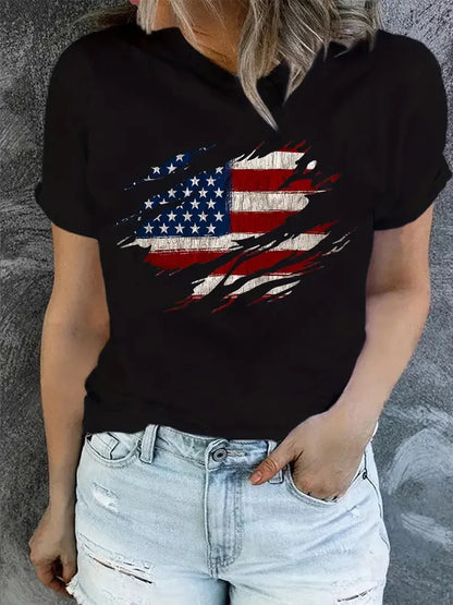 Soft Women's T-Shirt - graphic flag print short sleeve crew neck, casual summer top