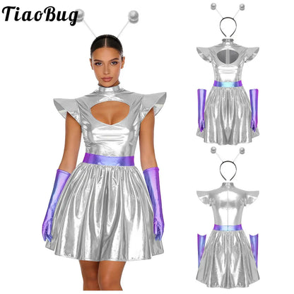 Zilverkleurige metallic astronauten-alien-tutu-jurk voor vrouwen, cosplayruimtecadetromper, Halloweenfeestjurk 2026