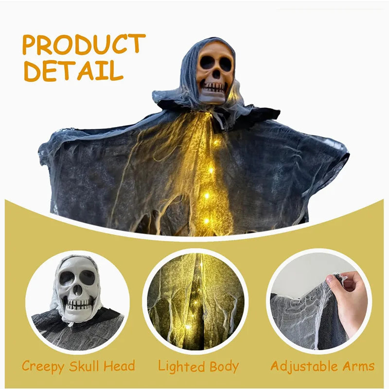 Oplichtende schedel, skelet en gaas met hangende geest voor Halloween, griezelige decoratie voor huis, tuin en buiten 2026