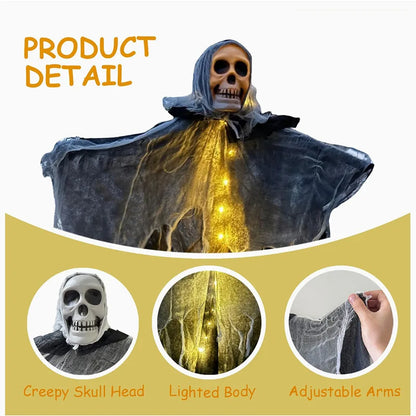 Oplichtende schedel, skelet en gaas met hangende geest voor Halloween, griezelige decoratie voor huis, tuin en buiten 2026