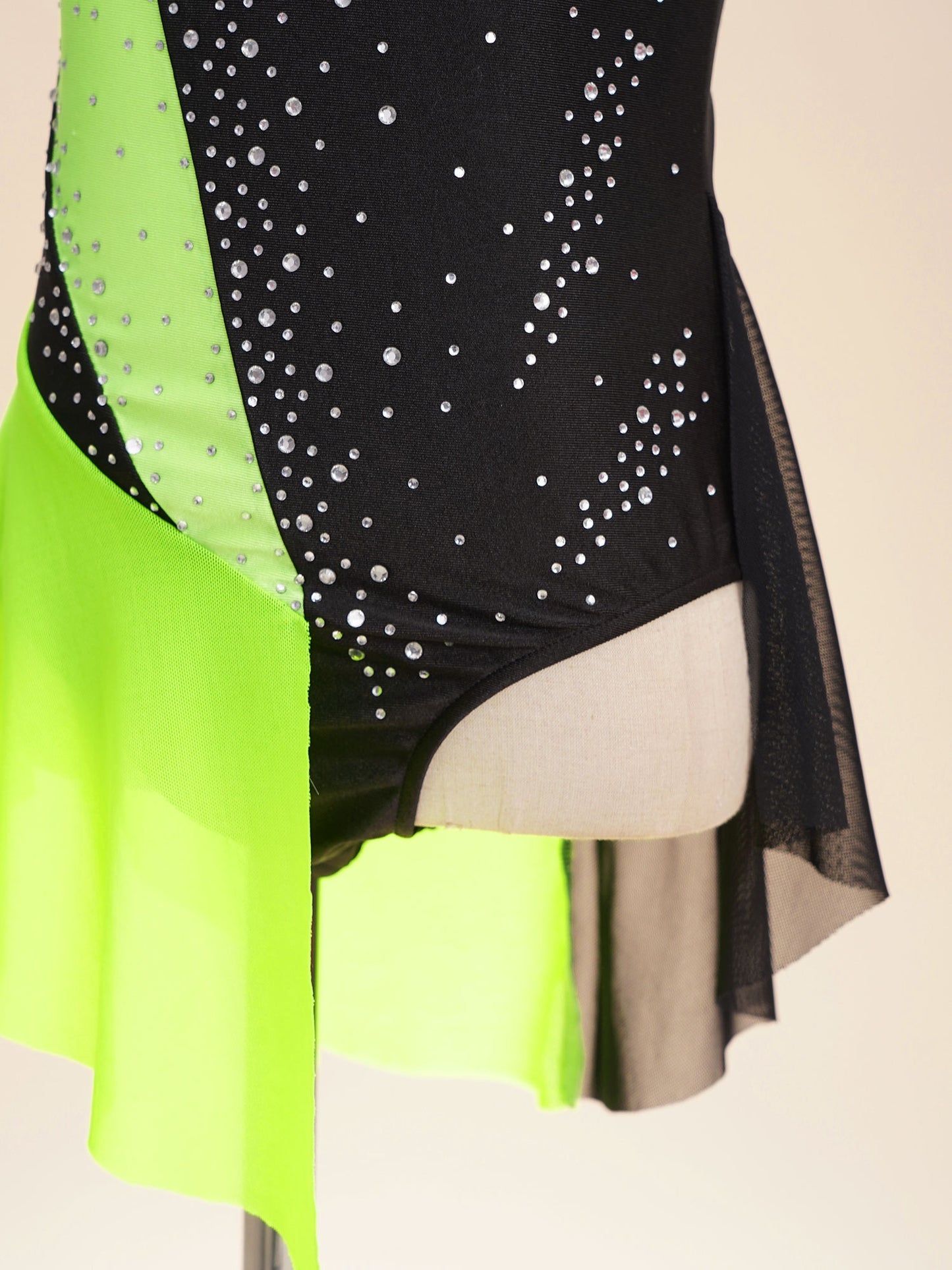 Stretchy girls' leotard - rhinestone mesh yoke, sleeveless, polyester, nylon, elastane, for lyrical dance performance