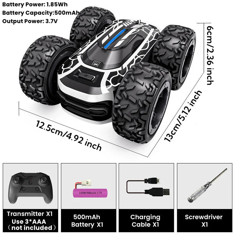 LED Light-Up RC Stunt Car for Kids 4-12 - 360° Double-Sided Remote Control Toy, Black