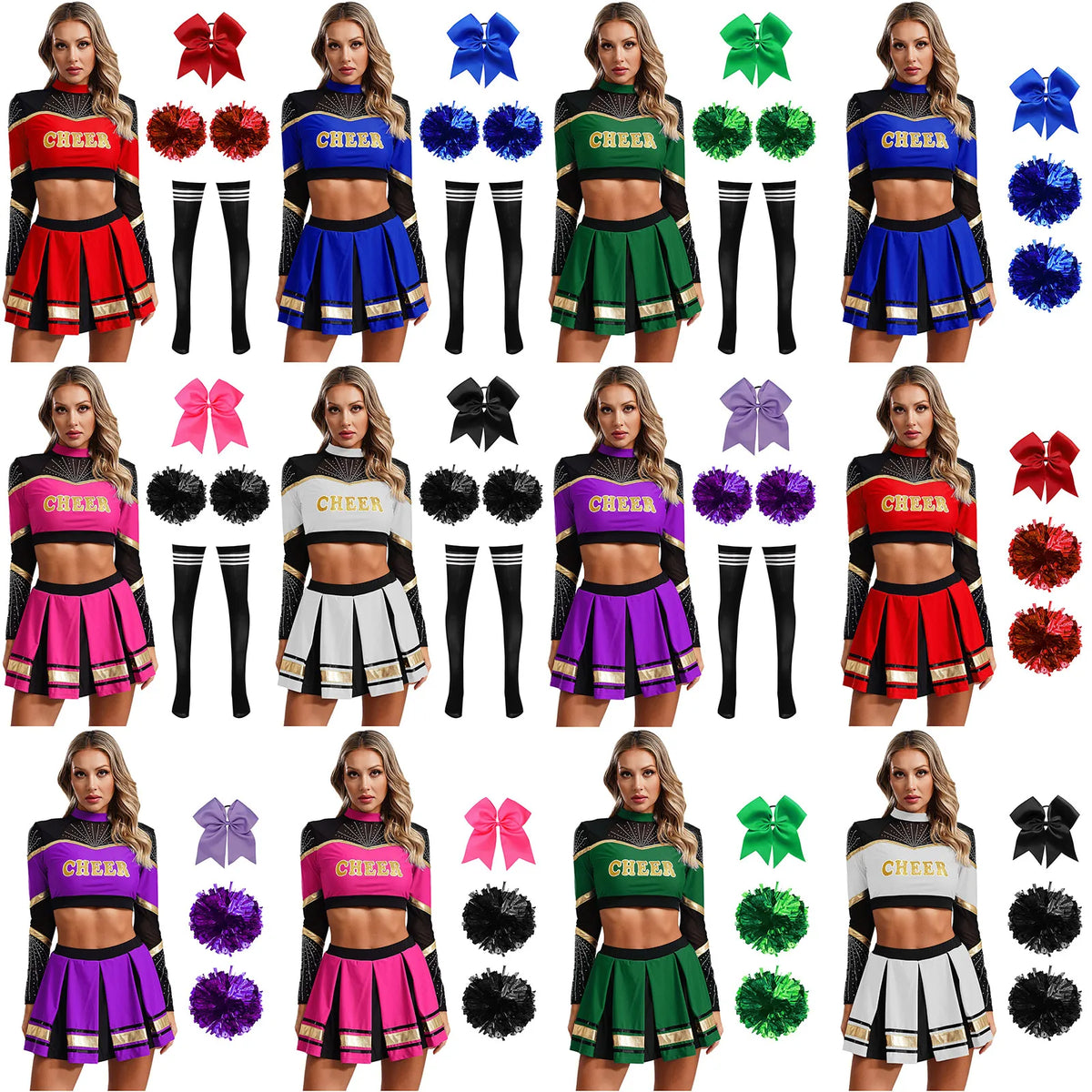 Cosplaykostuum voor cheerleaderoptredens voor vrouwen, crop-top met lange mouwen en geplooide rok met pompons 2026