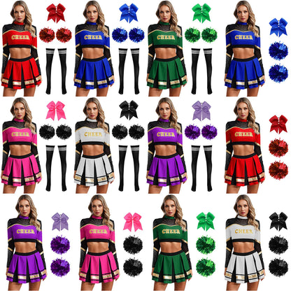 Cosplaykostuum voor cheerleaderoptredens voor vrouwen, crop-top met lange mouwen en geplooide rok met pompons 2026