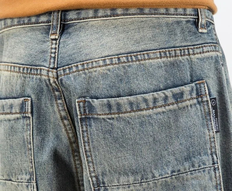 Oversized Men's Denim Jeans - Loose Straight Cut, Washed