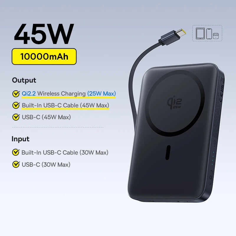 Qi2 Magnetic Power Bank 10000mAh – 15W Wireless & 22.5W USB-C Charging for iPhone & Samsung 2026