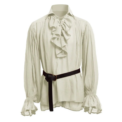 Variant image for Vintage Medieval Renaissance Shirt for Men, Ruffled Long Sleeve Lacing Up Costume Top in Soft Fabric-3