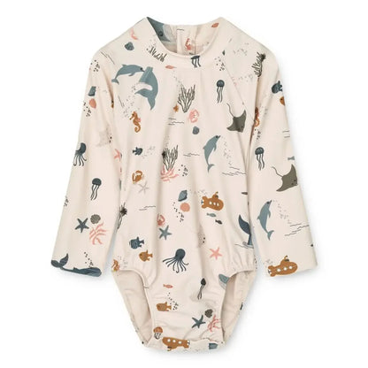 Quick-dry Kids’ Swimwear Set – Rash Guard & Hat, Nylon, Cartoon Seagull Star Print, Beach Holidays