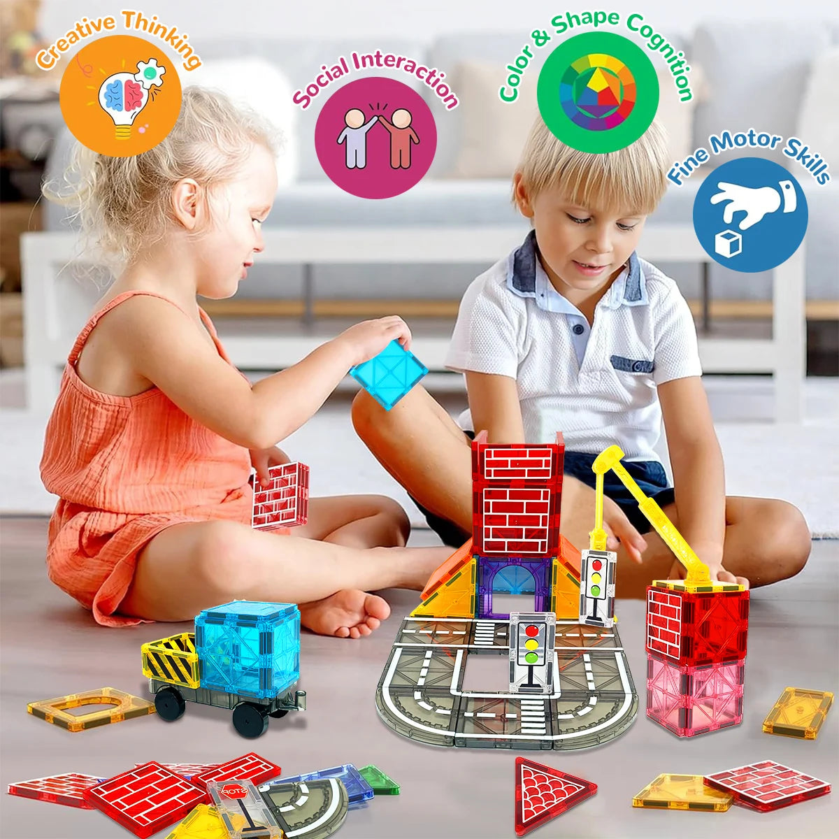 Magnetic Building Blocks Road Set with Cars - Fun Construction Toy for Boys & Girls, Ideal Christmas & Birthday Gift for Toddlers