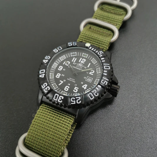 Military Watch Green Nylon Strap 50m Waterproof Luminous