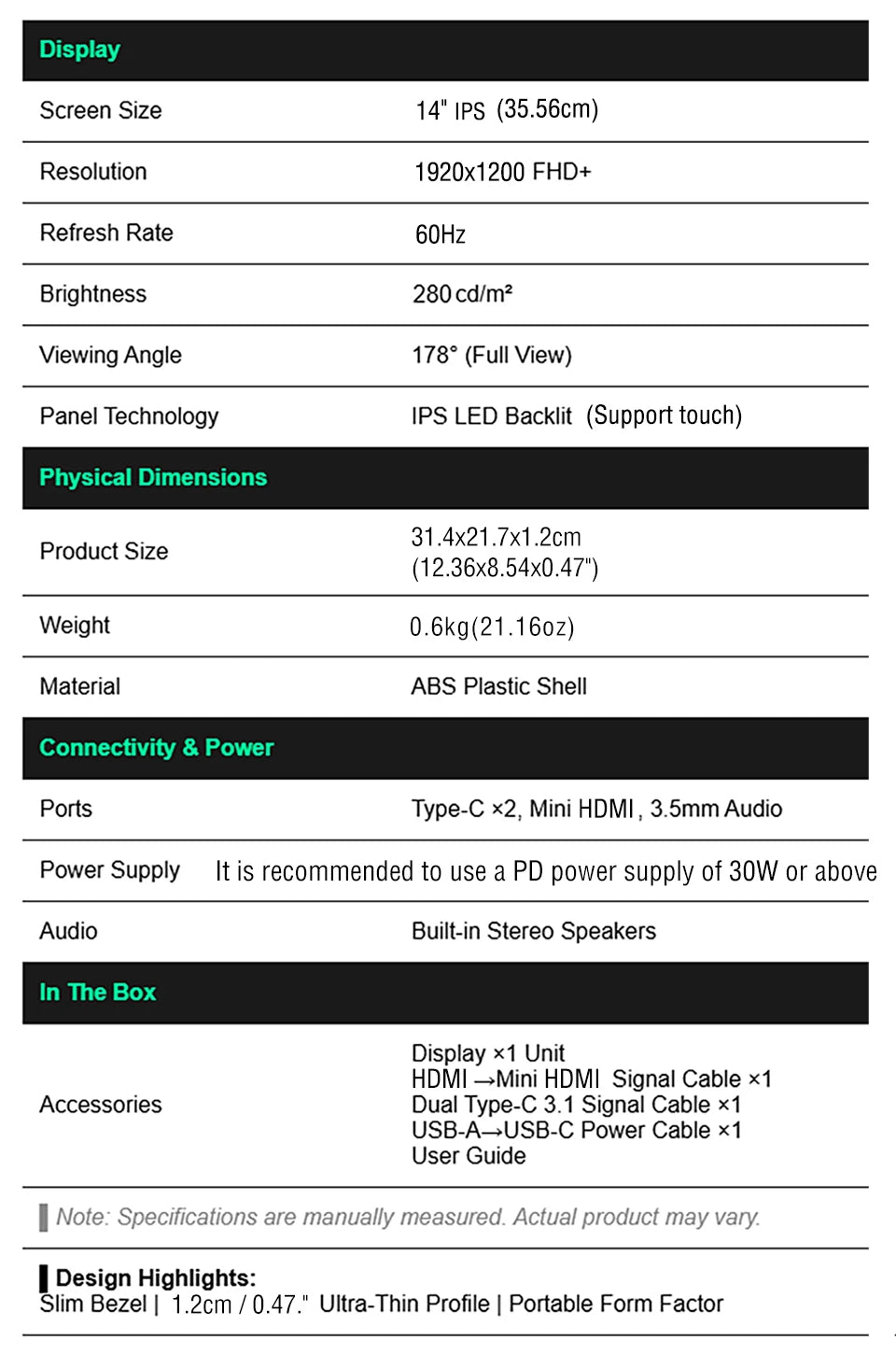Draagbare Monitor 14.1 Inch Touch IPS HDR10 Tweede Scherm