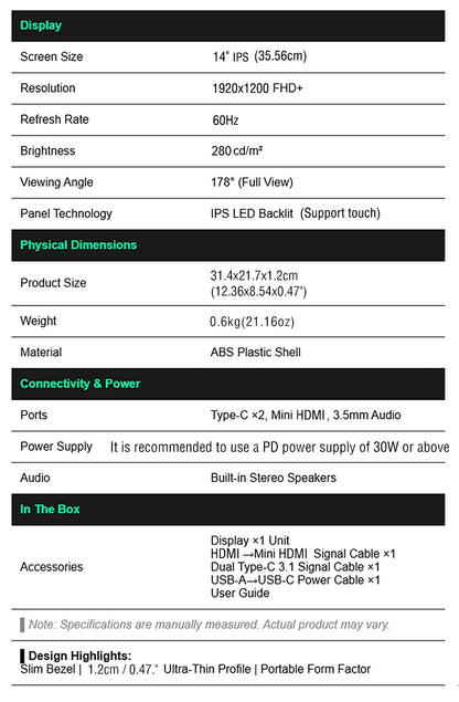 Draagbare Monitor 14.1 Inch Touch IPS HDR10 Tweede Scherm