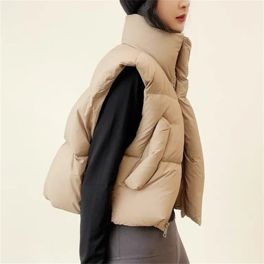 Warm Women Short Down Vest - Stand-Up Collar, Winter