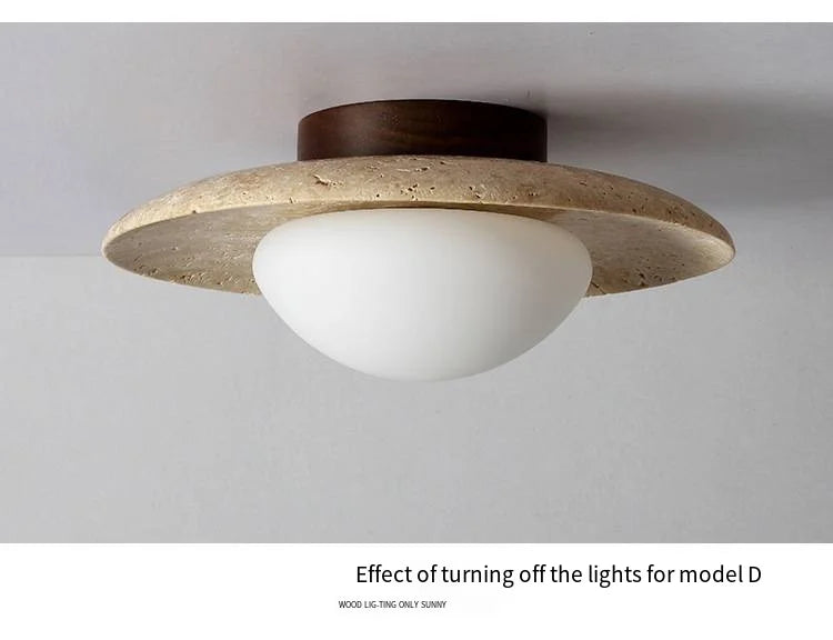 Japandi Travertine Ceiling Light Wood Cap Round Mid Century Lamp