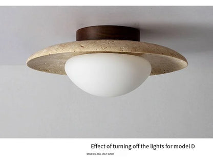 Japandi Travertine Ceiling Light Wood Cap Round Mid Century Lamp