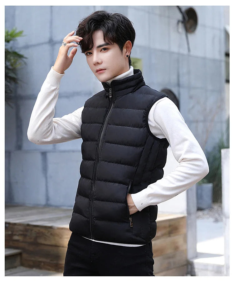 Insulating Men's Puffer Vest - Quilted Cotton Blend, Winter