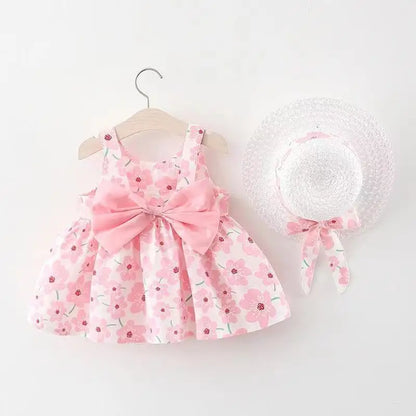 Soft baby girls dress - sleeveless, floral bow-embellished, cotton-polyester blend, for summer outings